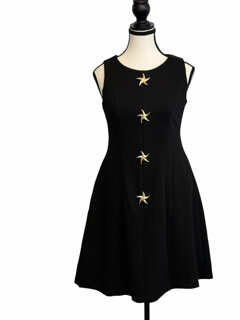 NWT ZESICA Black Fit & Flare Dress Gold Starfish Buttons Sleeveless Size Small